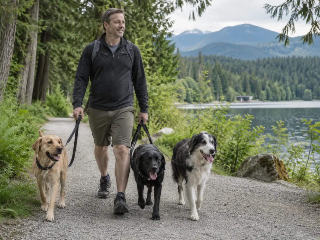 Dog walking near forest and lake trails in Coquitlam BC