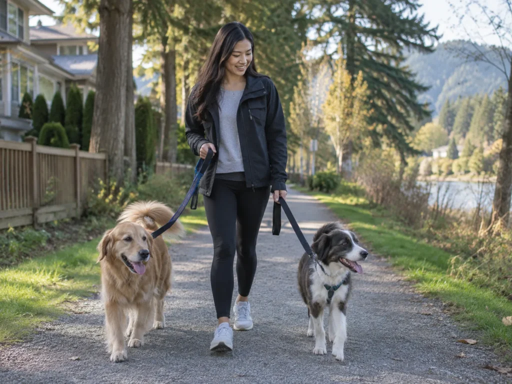 Dog walking along a quiet neighbourhood trail in Port Coquitlam BC