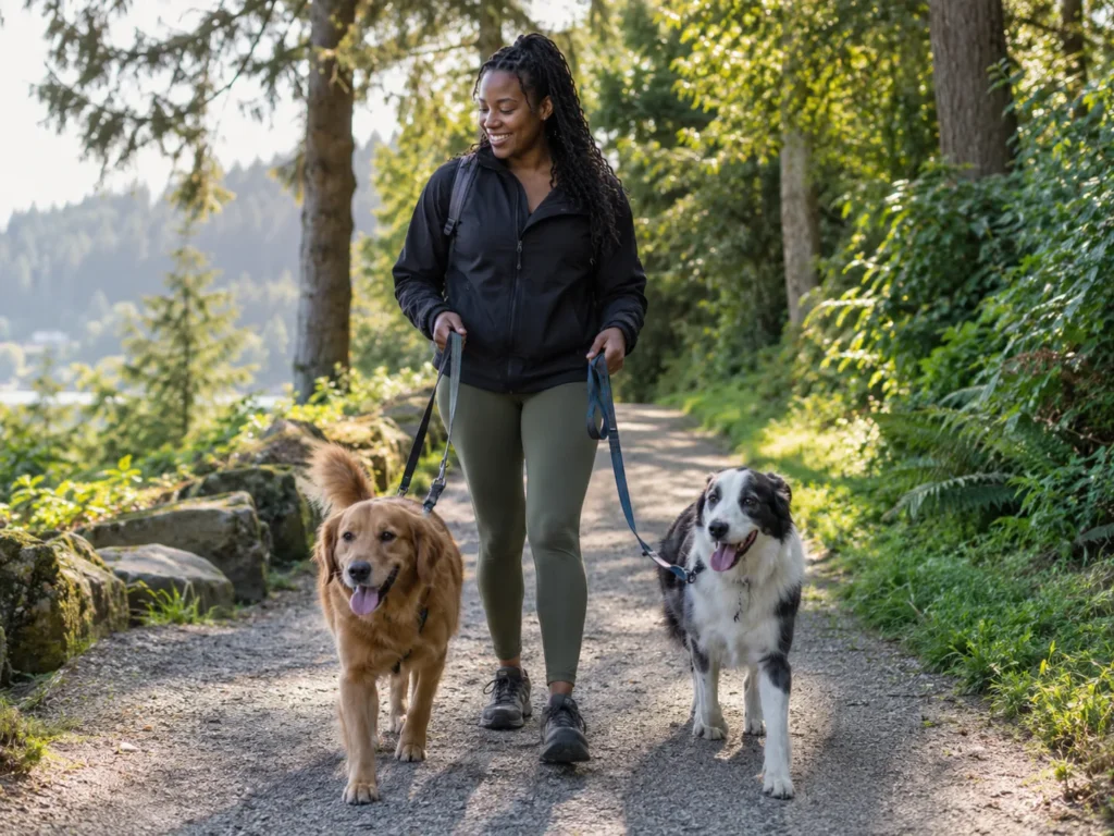 Professional dog walker taking dogs on a wooded trail in the Tri-Cities