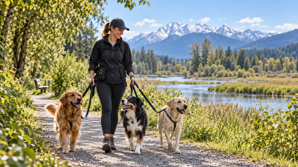 A Tri-Cities Pet Care dog walker leading three dogs on a leash along a lakeside trail with mountains in the background